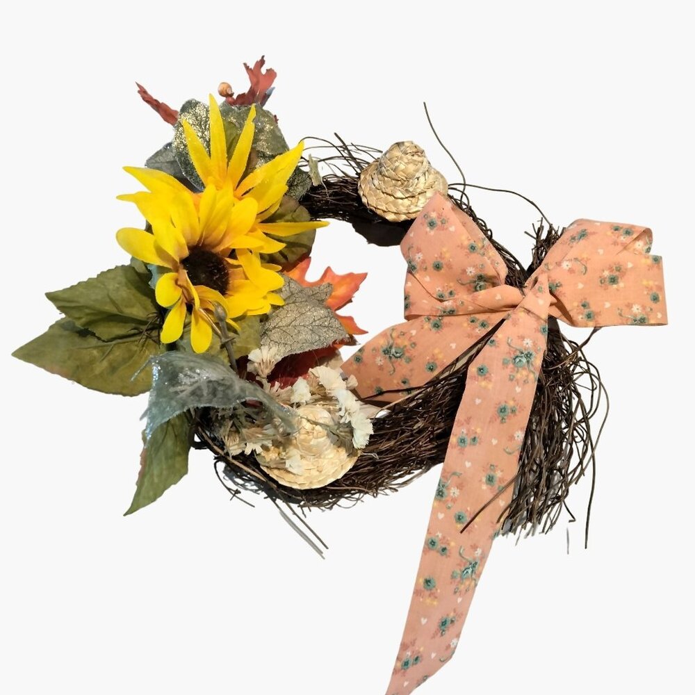 Rustic Fall Grapevine Wreath Sunflower Floral Ribbon Wicker Hat Brown Orange 8 i